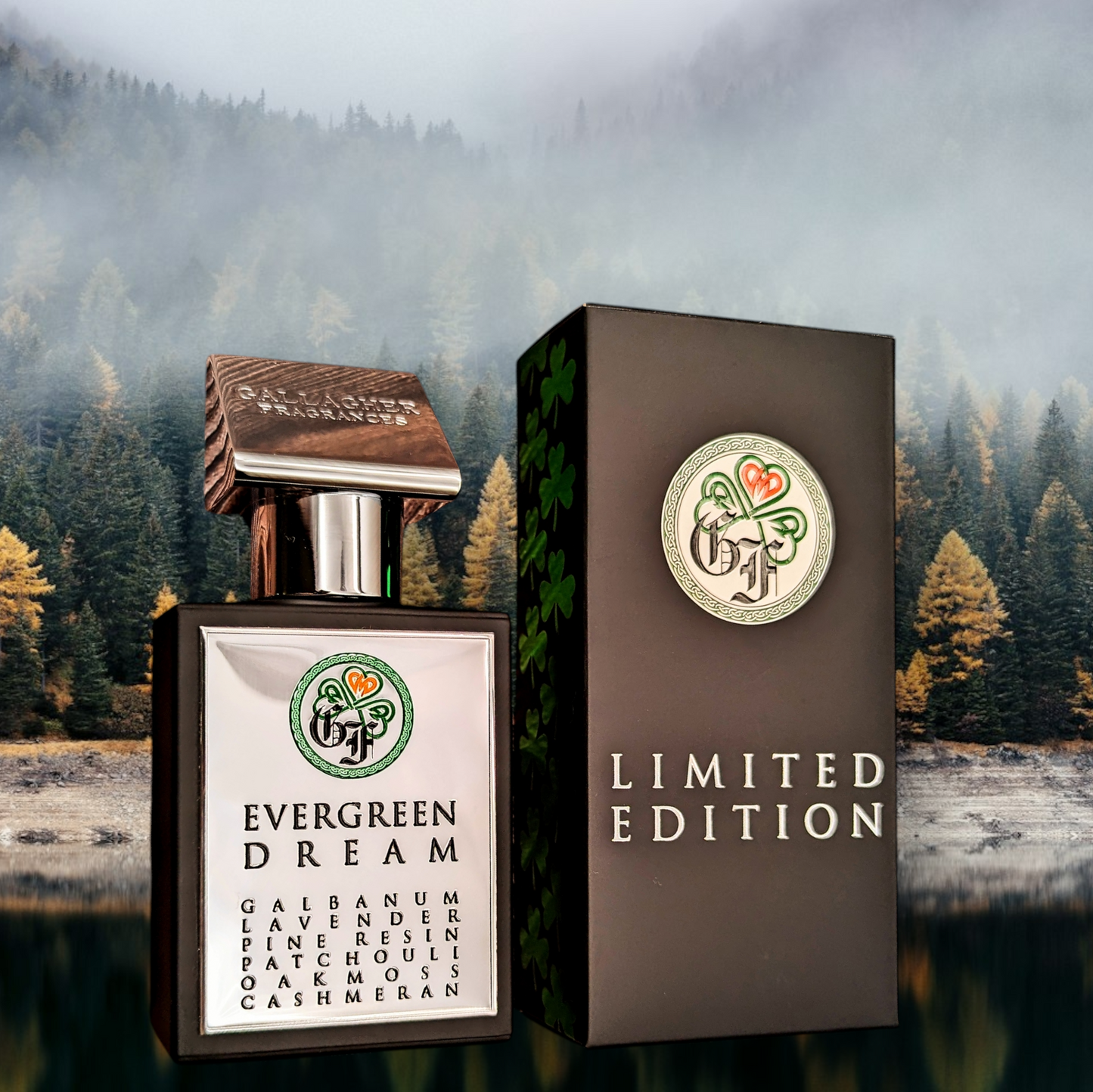 A bottle of 'Evergreen Dream' Eau de Parfum by Gallagher Fragrances, with a 'Limited Edition' label on the packaging, set against a natural landscape background.