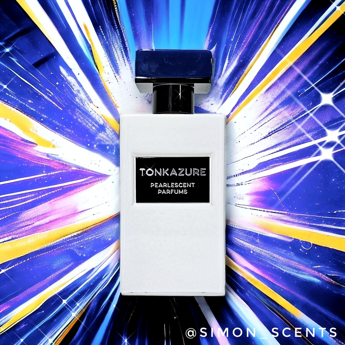 A white bottle of Tonkazure perfume with a black label, presented against a vibrant, colorful background with geometric patterns.