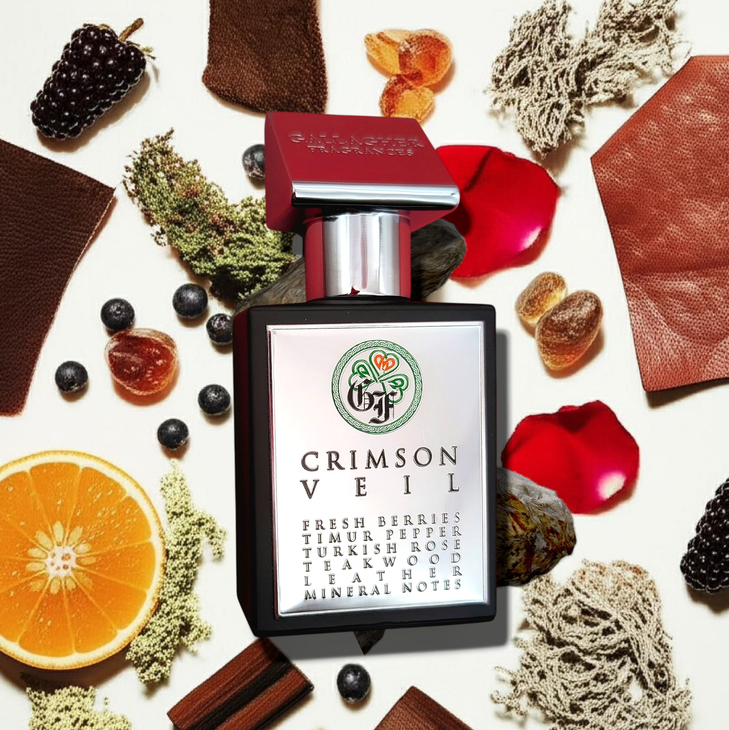 Perfume bottle labeled 'Crimson Veil' surrounded by natural elements on a white background