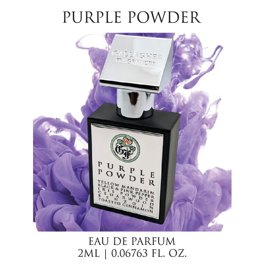 Purple Powder- Yellow Mandarin, Iris Powder, Cedarwood, Benzoin, Toasted Cinnamon, Patchouli, and Musk